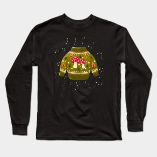 Christmas holiday sweater with cute mushrooms and leaves. Colorful winter festive illustration. Long Sleeve T-Shirt